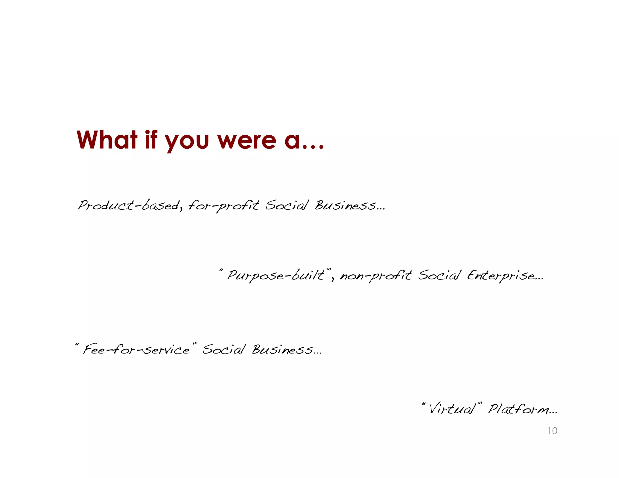 What if you were a…
10
Product-based, for-profit Social Business…!
“Purpose-built”, non-profit Social Enterprise…!
“Fee-for-service” Social Business…!
“Virtual” Platform…!
 