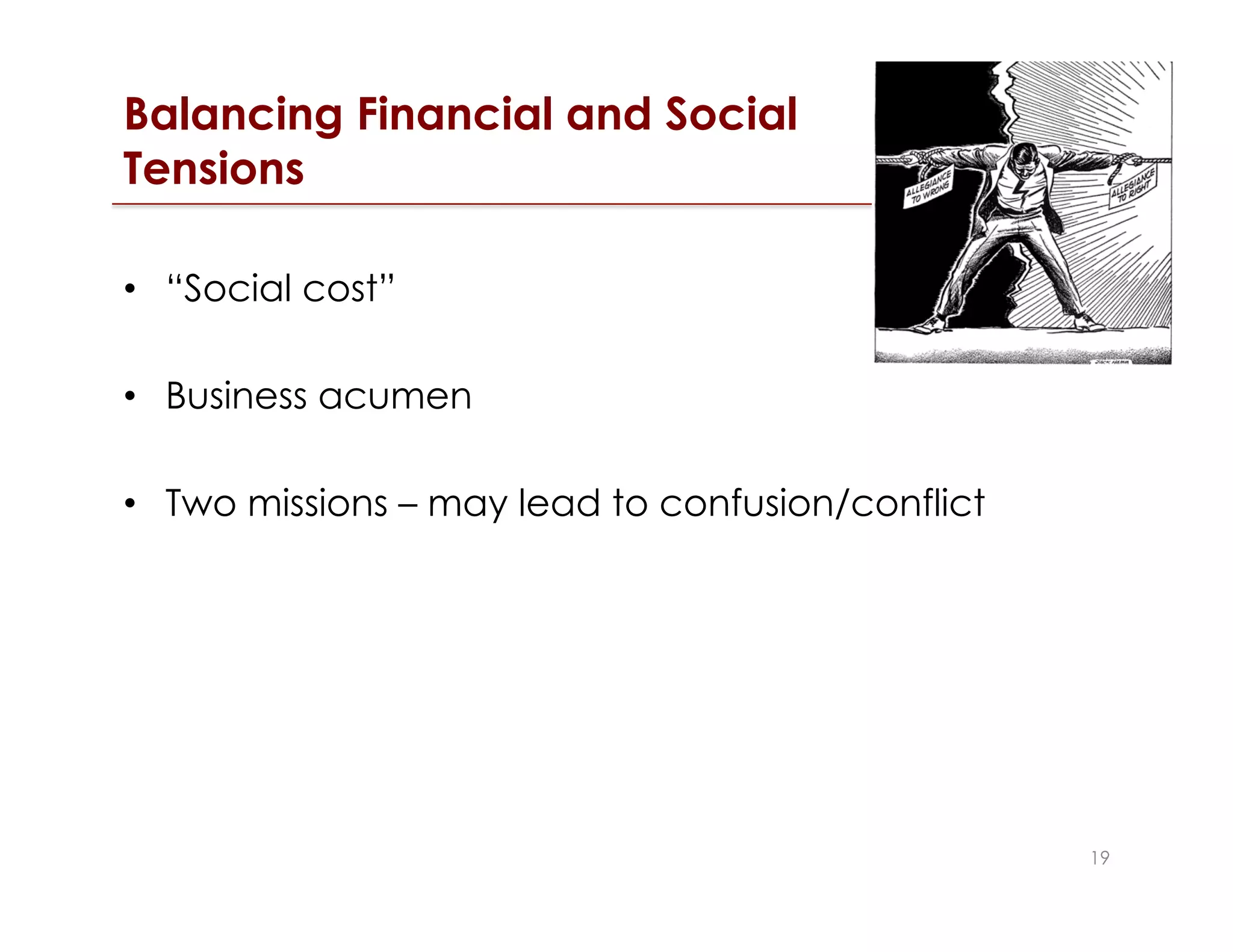© Norm Tasevski & Karim Harji
Balancing Financial and Social
Tensions
•  “Social cost”
•  Business acumen
•  Two missions – may lead to confusion/conflict
19
 