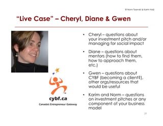 © Norm Tasevski & Karim Harji
“Live Case” – Cheryl, Diane & Gwen
39
•  Cheryl – questions about
your investment pitch and/or
managing for social impact
•  Diane – questions about
mentors (how to find them,
how to approach them,
etc.)
•  Gwen – questions about
CYBF (becoming a client?),
other orgs/resources that
would be useful
•  Karim and Norm – questions
on investment pitches or any
component of your business
model
 