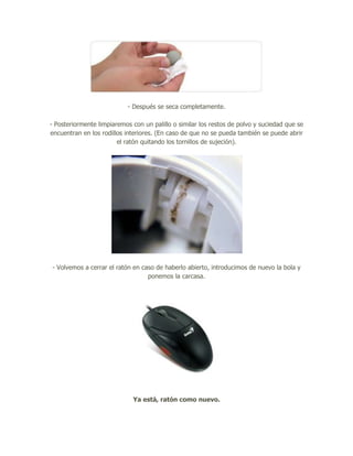 - Después se seca completamente.

- Posteriormente limpiaremos con un palillo o similar los restos de polvo y suciedad que se
encuentran en los rodillos interiores. (En caso de que no se pueda también se puede abrir
                        el ratón quitando los tornillos de sujeción).




- Volvemos a cerrar el ratón en caso de haberlo abierto, introducimos de nuevo la bola y
                                  ponemos la carcasa.




                             Ya está, ratón como nuevo.
 