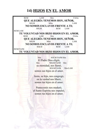 14) HIJOS EN EL AMOR
REM LAM SIm FA#m
QUE ALEGRÍA TENEMOS HOY, SEÑOR,
SOLM MIm LAM
NO SOMOS ESCLAVOS FRENTE A TI;
SOLM REM LAM
REM/LAM
TU VOLUNTAD NOS HIZO HIJOS EN EL AMOR.
REM LAM SIm FA#m
QUE ALEGRÍA TENEMOS HOY, SEÑOR,
SOLM MIm LAM
NO SOMOS ESCLAVOS FRENTE A TI;
SOLM REM LAM
REM/FA#M
TU VOLUNTAD NOS HIZO HIJOS EN EL AMOR.
SIm SOLM FA#M SIm
El Padre Dios eligió,
SIm SOLM FA#M SIm
su eternidad, nos llamó,
SOLM/FA#M SIm/LAM
somos sus hijos en el amor.
Jesús, su hijo, nos congregó,
en la verdad nos liberó,
somos tus hijos en el amor.
Pentecostés nos maduró,
el Santo Espíritu nos impulsó,
somos tus hijos en el amor.
 