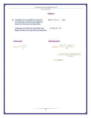 ANALISIS DE DATOS EXPERIMENTALES 
BLOG: ENTRADA 6 
6 
=Datos= b) Variable que nos define el número x= 0, 1, 2, 3, ......, etc. de cheques sin fondo que llegan al banco en dos días consecutivos Cheques sin fondo en promedio que = 6 x 2 = 12 llegan al banco en dos días consecutivo. =Formula= =Sustitución= ( ) (4 6) (12) ( 2 718) 1 ( ) ( ) 0.104953 = 
 