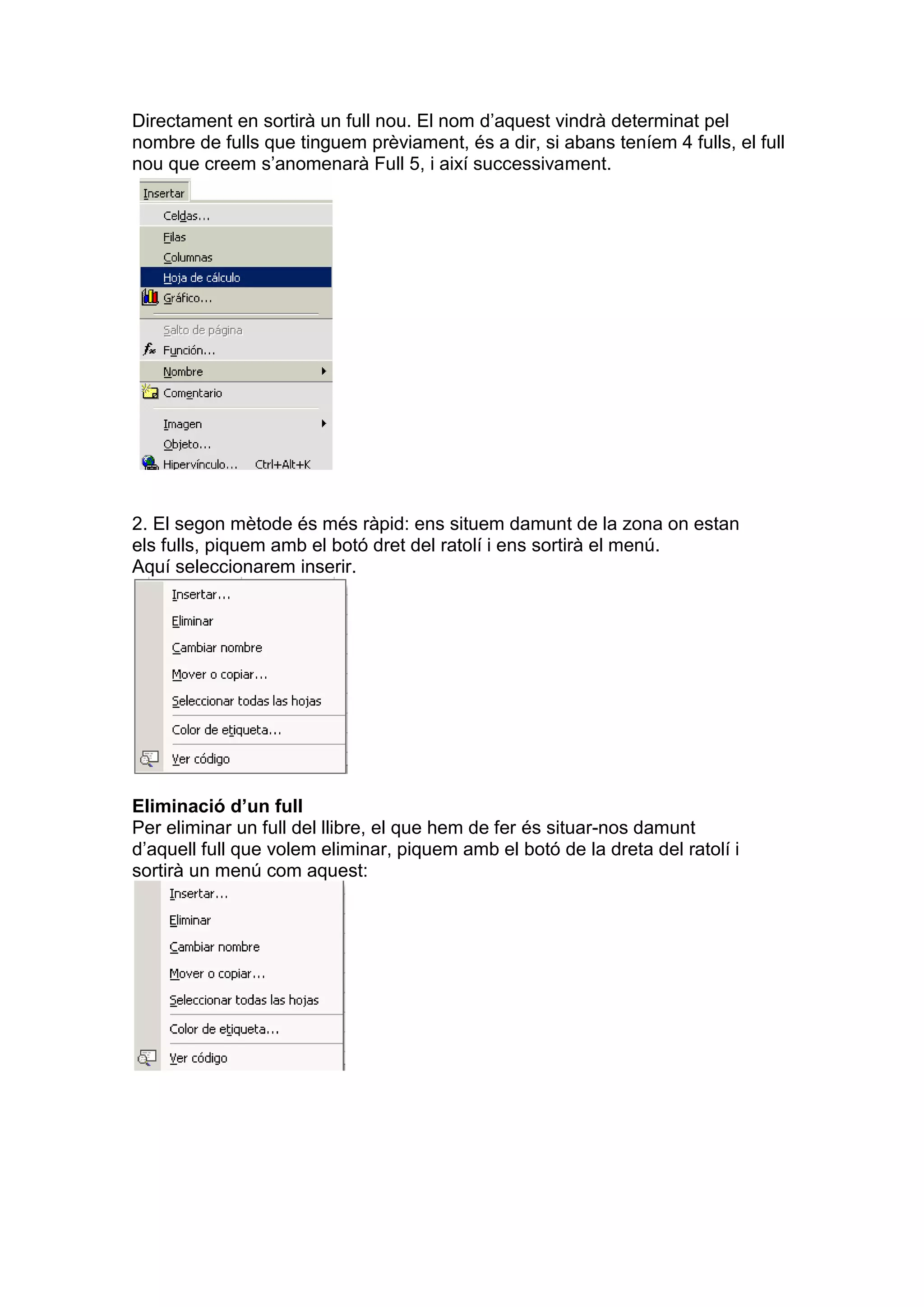 Directament en sortirà un full nou. El nom d’aquest vindrà determinat pel
nombre de fulls que tinguem prèviament, és a dir, si abans teníem 4 fulls, el full
nou que creem s’anomenarà Full 5, i així successivament.




2. El segon mètode és més ràpid: ens situem damunt de la zona on estan
els fulls, piquem amb el botó dret del ratolí i ens sortirà el menú.
Aquí seleccionarem inserir.




Eliminació d’un full
Per eliminar un full del llibre, el que hem de fer és situar-nos damunt
d’aquell full que volem eliminar, piquem amb el botó de la dreta del ratolí i
sortirà un menú com aquest:
 