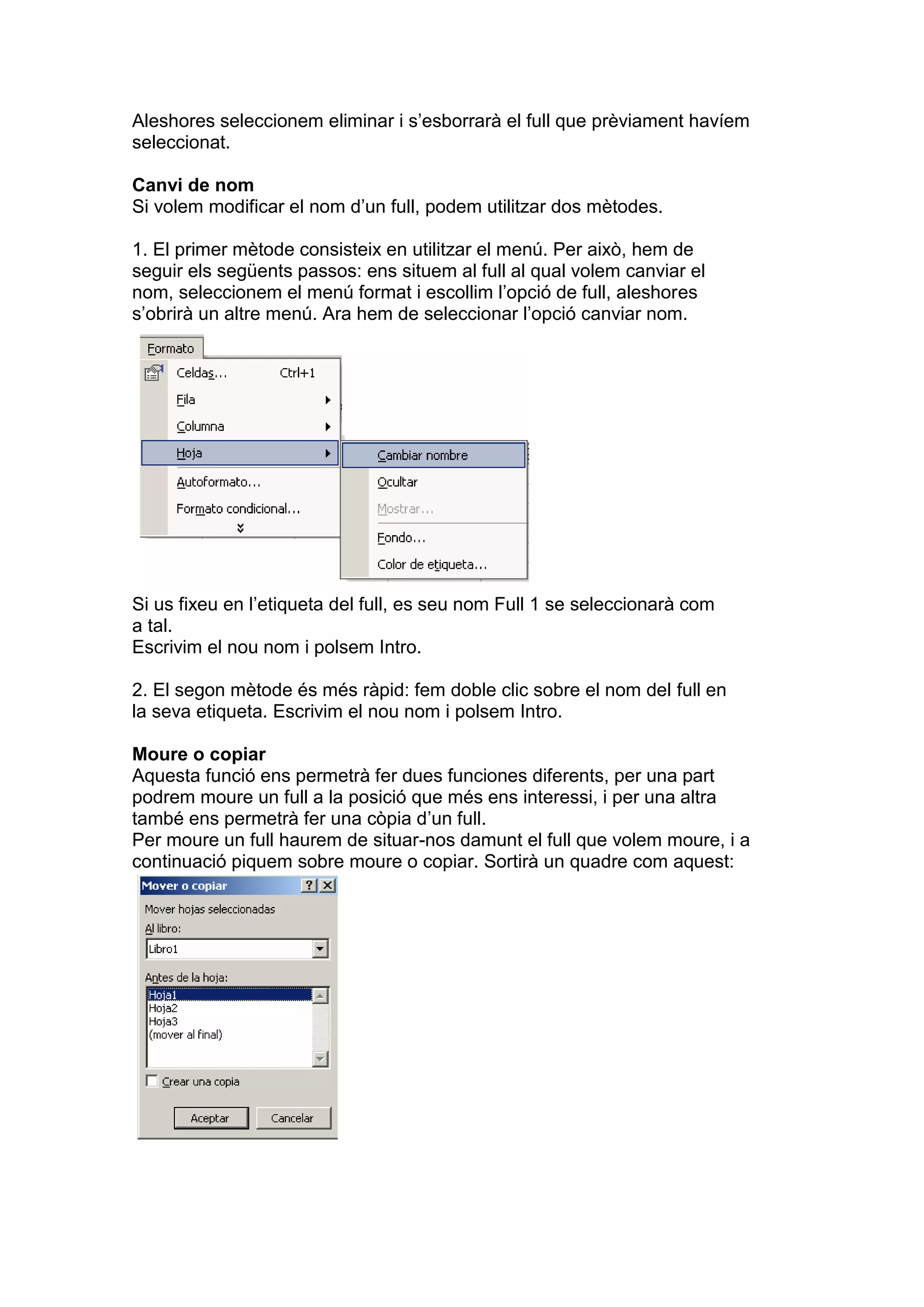 Aleshores seleccionem eliminar i s’esborrarà el full que prèviament havíem
seleccionat.

Canvi de nom
Si volem modificar el nom d’un full, podem utilitzar dos mètodes.

1. El primer mètode consisteix en utilitzar el menú. Per això, hem de
seguir els següents passos: ens situem al full al qual volem canviar el
nom, seleccionem el menú format i escollim l’opció de full, aleshores
s’obrirà un altre menú. Ara hem de seleccionar l’opció canviar nom.




Si us fixeu en l’etiqueta del full, es seu nom Full 1 se seleccionarà com
a tal.
Escrivim el nou nom i polsem Intro.

2. El segon mètode és més ràpid: fem doble clic sobre el nom del full en
la seva etiqueta. Escrivim el nou nom i polsem Intro.

Moure o copiar
Aquesta funció ens permetrà fer dues funciones diferents, per una part
podrem moure un full a la posició que més ens interessi, i per una altra
també ens permetrà fer una còpia d’un full.
Per moure un full haurem de situar-nos damunt el full que volem moure, i a
continuació piquem sobre moure o copiar. Sortirà un quadre com aquest:
 