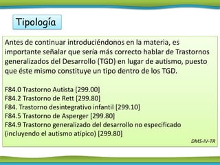 Tipología
Antes de continuar introduciéndonos en la materia, es
importante señalar que sería más correcto hablar de Trastornos
generalizados del Desarrollo (TGD) en lugar de autismo, puesto
que éste mismo constituye un tipo dentro de los TGD.

F84.0 Trastorno Autista [299.00]
F84.2 Trastorno de Rett [299.80]
F84. Trastorno desintegrativo infantil [299.10]
F84.5 Trastorno de Asperger [299.80]
F84.9 Trastorno generalizado del desarrollo no especificado
(incluyendo el autismo atípico) [299.80]
                                                              DMS-IV-TR
 