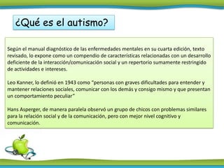 ¿Qué es el autismo?

Según el manual diagnóstico de las enfermedades mentales en su cuarta edición, texto
revisado, lo exp...
