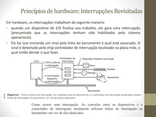 Princípiosdehardware:InterrupçõesRevisitadas
Em hardware, as interrupções trabalham da seguinte maneira:
• quando um dispositivo de E/S finaliza seu trabalho, ele gera uma interrupção
(presumindo que as interrupções tenham sido habilitadas pelo sistema
operacional).
• Ele faz isso enviando um sinal pela linha do barramento à qual está associado. O
sinal é detectado pelo chip controlador de interrupção localizado na placa-mãe, o
qual então decide o que fazer.
Como ocorre uma interrupção. As conexões entre os dispositivos e o
controlador de interrupção atualmente utilizam linhas de interrupção no
barramento em vez de fios dedicados.
 