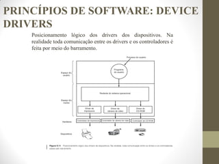 PRINCÍPIOS DE SOFTWARE: DEVICE
DRIVERS
Posicionamento lógico dos drivers dos dispositivos. Na
realidade toda comunicação entre os drivers e os controladores é
feita por meio do barramento.
 
