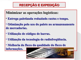 RECEPÇÃO E EXPEDIÇÃO
RECEPÇÃO E EXPEDIÇÃO
Minimizar as operações logísticas:
Minimizar as operações logísticas:
• Entrega paletizada reduzindo custos e tempo.
Entrega paletizada reduzindo custos e tempo.
• Otimização pelo uso do palete no armazenamento
Otimização pelo uso do palete no armazenamento
de mercadorias.
de mercadorias.
• Utilização de códigos de barras.
Utilização de códigos de barras.
• Utilização da tecnologia de radiofreqüência.
Utilização da tecnologia de radiofreqüência.
• Melhoria do fluxo da qualidade do fluxo de
Melhoria do fluxo da qualidade do fluxo de
informações.
informações.
 