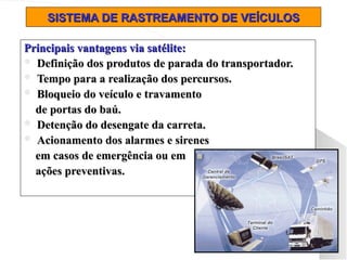 SISTEMA DE RASTREAMENTO DE VEÍCULOS
SISTEMA DE RASTREAMENTO DE VEÍCULOS
Principais vantagens via satélite:
Principais vantagens via satélite:
 Definição dos produtos de parada do transportador.
Definição dos produtos de parada do transportador.
 Tempo para a realização dos percursos.
Tempo para a realização dos percursos.
 Bloqueio do veículo e travamento
Bloqueio do veículo e travamento
de portas do baú.
de portas do baú.
 Detenção do desengate da carreta.
Detenção do desengate da carreta.
 Acionamento dos alarmes e sirenes
Acionamento dos alarmes e sirenes
em casos de emergência ou em
em casos de emergência ou em
ações preventivas.
ações preventivas.
 