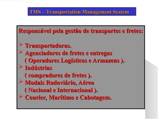 TMS – Transportation Management System
TMS – Transportation Management System
Responsável pela gestão de transportes e fretes:
Responsável pela gestão de transportes e fretes:
 Transportadoras.
Transportadoras.
 Agenciadores de fretes e entregas
Agenciadores de fretes e entregas
( Operadores Logísticos e Armazens ).
( Operadores Logísticos e Armazens ).
 Indústrias
Indústrias
( compradores de fretes ).
( compradores de fretes ).
 Modais Rodoviário, Aéreo
Modais Rodoviário, Aéreo
( Nacional e Internacional ).
( Nacional e Internacional ).
 Courier, Marítimo e Cabotagem.
Courier, Marítimo e Cabotagem.
 