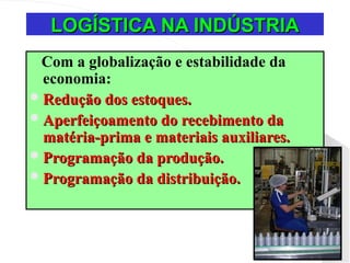 LOGÍSTICA NA INDÚSTRIA
LOGÍSTICA NA INDÚSTRIA
Com a globalização e estabilidade da
economia:
Redução dos estoques.
Redução dos estoques.
Aperfeiçoamento do recebimento da
Aperfeiçoamento do recebimento da
matéria-prima e materiais auxiliares.
matéria-prima e materiais auxiliares.
Programação da produção.
Programação da produção.
Programação da distribuição.
Programação da distribuição.
 