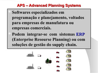 APS – Advanced Planning Systems
APS – Advanced Planning Systems
Softwares especializados em
Softwares especializados em
programação e planejamento, voltados
programação e planejamento, voltados
para empresas de manufatura ou
para empresas de manufatura ou
empresas comerciais.
empresas comerciais.
Podem integrar-se com sistemas
Podem integrar-se com sistemas ERP
ERP
(Enterprise Resourse Planning) ou com
(Enterprise Resourse Planning) ou com
soluções de gestão do supply chain.
soluções de gestão do supply chain.
 