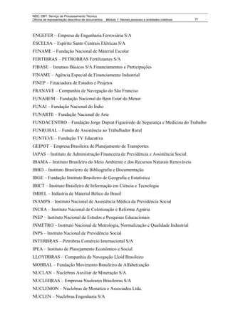 NDC. DBT. Serviço de Processamento Técnico
Oficina de representação descritiva de documentos: Módulo 1: Nomes pessoais e entidades coletivas   31




ENGEFER – Empresa de Engenharia Ferroviária S/A
ESCELSA – Espírito Santo Centrais Elétricas S/A
FENAME – Fundação Nacional de Material Escolar
FERTIBRAS – PETROBRAS Fertilizantes S/A
FIBASE – Insumos Básicos S/A Financiamentos e Participações
FINAME – Agência Especial de Financiamento Industrial
FINEP – Finaciadora de Estudos e Projetos
FRANAVE – Companhia de Navegação do São Franciso
FUNABEM – Fundação Nacional do Bem Estar do Menor
FUNAI – Fundação Nacional do Índio
FUNARTE – Fundação Nacional de Arte
FUNDACENTRO – Fundação Jorge Duprat Figueiredo de Segurança e Medicina do Trabalho
FUNRURAL – Fundo de Assistência ao Trabalhador Rural
FUNTEVE – Fundação TV Educativa
GEIPOT – Empresa Brasileira de Planejamento de Transportes
IAPAS – Instituto de Administração Financeira de Previdência e Assistência Social
IBAMA – Instituto Brasileiro do Meio Ambiente e dos Recursos Naturais Renováveis
IBBD – Instituto Brasileiro de Bibliografia e Documentação
IBGE – Fundação Instituto Brasileiro de Geografia e Estatística
IBICT – Instituto Brasileiro de Informação em Ciência e Tecnologia
IMBEL – Indústria de Material Bélico do Brasil
INAMPS – Instituto Nacional de Assistência Médica da Previdência Social
INCRA – Instituto Nacional de Colonização e Reforma Agrária
INEP – Instituto Nacional de Estudos e Pesquisas Educacionais
INMETRO – Instituto Nacional de Metrologia, Normalização e Qualidade Industrial
INPS – Instituto Nacional de Previdência Social
INTERBRAS – Petrobras Comércio Internacional S/A
IPEA – Instituto de Planejamento Econômico e Social
LLOYDBRAS – Companhia de Navegação Lloid Brasileiro
MOBRAL – Fundação Movimento Brasileiro de Alfabetização
NUCLAN – Nuclebras Auxiliar de Mineração S/A
NUCLEBRAS – Empresas Nucleares Brasileiras S/A
NUCLEMON – Nuclebras de Monatiza e Associados Ltda.
NUCLEN – Nuclebras Engenharia S/A
 
