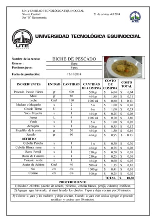 UNIVERSIDAD TECNOLÓGICA EQUINOCCIAL 
Sharon Cumbal 21 de octubre del 2014 
5to “B” Gastronomía 
Nombre de la receta: BICHE DE PES CADO 
Género : Sopa 
Porciones/peso: 6 pax 
Fecha de producción: 17/10/2014 
INGREDIENTES UNIDAD CANTIDAD 
CANTIDAD 
DE COMPRA 
COSTO 
DE 
COMPRA 
COSTO 
TOTAL 
Pescado Picudo Filetes gr 500 
500 gr $ 6,04 $ 6,04 
Maní gr 80 
464 gr $ 1,80 $ 0,31 
Leche Cm3 160 
1000 ml $ 0,80 $ 0,13 
Maduro o Maqueño u 2 
5 u $ 1,00 $ 0,40 
Choclo Tierno U 2 
6 u $ 1,00 $ 0,33 
Yuca Pequeña u 1 464 gr $ 0,25 $ 0,08 
Fumet L 4 1000 ml $ 0,70 $ 2,80 
Verde u 1 5 u $ 1,00 $ 0,20 
Achogcha u 1 100 gr $ 0,35 $ 0,12 
Frejolillo de la costa gr 50 464 gr $ 1,50 $ 0,16 
Zapallo gr 60 464 gr $ 0,95 $ 0,13 
REFRITO 
Cebolla Paiteña u 1 1 u $ 0,30 $ 0,30 
Cebolla Blanca rama u 1 464 gr $ 0,75 $ 0,08 
Rama Perejil u 1 250 gr $ 0,20 $ 0,01 
Rama de Culantro u 1 250 gr $ 0,25 $ 0,01 
Pimiento verde u 1 464 gr $ 0,60 $ 0,07 
Aceite de Achiote Cm3 40 500 ml $ 1,15 $ 0,10 
Sal c/n c/n 1000 gr $ 0,41 $ 0,01 
Comino c/n c/n 100 gr $ 0,25 $ 0,02 
TOTAL $ 10,30 
PROCEDIMIENTO 
1) Realizar el refrito (Aceite de achiote, pimiento, cebolla blanca, perejil, culantro) rectificar. 
2) Agregar agua hirviendo, el maní licuado los choclos. Tapar y dejar cocinar por 30 minutos. 
3) Colocar la yuca y los maduros y dejar cocinar. Cuando la yuca este cocida agregar el pescado 
rectificar y cocinar por 10 minutos. 
 