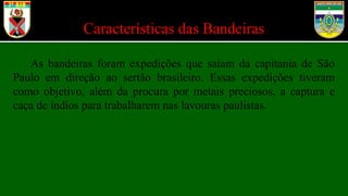 Características das Bandeiras
As bandeiras foram expedições que saíam da capitania de São
Paulo em direção ao sertão brasileiro. Essas expedições tiveram
como objetivo, além da procura por metais preciosos, a captura e
caça de índios para trabalharem nas lavouras paulistas.
 