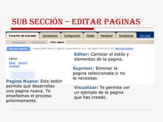 Sub sección – Editar Paginas Pagina Nueva:   Este botón permite que desarrollas una pagina nueva. Te enseñamos el proceso próximamente. Editar:   Cambiar el estilo y elementos de la pagina. Suprimir:   Eliminar la pagina seleccionada si no la necesitas.  Visualizar:   Te permite ver un ejemplo de la pagina que has creado. 