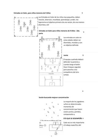 Entradas en Calor, para niños menores de 9 Años                                         9

                               Las Entradas en Calor de los niños mas pequeños, deben
                               mezclar, diversion, movilidad, aprendizaje y orden. Asi
                               lograremso el objetivo primario de una sesion, de una manera
                               divertida y útil


                                Entradas en Calor para niños menores de 9 Años - 2da.
                                                                                            9
                                parte

                                                               Las entradas en calor en
                                                               estas edades deben ser
                                                               divertidas, movidas y con
                                                               un objetivo definido




                                Sesión buscando mejorar tácticamente                       8

                                                               El equipo cuadrado deberá
                                                               defender la portería y
                                                               cuando tenga el balón.
                                                               Hace 4 toques seguidor
                                                               para pasarlos a los
                                                               compañeros del otro
                                                               campo.




                                                                                           6


                                Sesión buscando mejorar concentración

                                                               La mayoría de los jugadores
                                                               sufren en determinados
                                                               momentos de
                                                               concentración que hacen
                                                               costar puntos, partidos,
                                                               campeonatos y

                                ENTRENAMIENTO SEGÚN EL PUESTO QUE SE DESEMPEÑE 4

                                                               Cada vez es más importante
                                                               el trabajo específico del
 