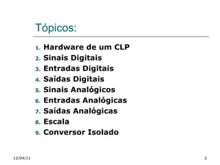 Tópicos: Hardware de um CLP Sinais Digitais Entradas Digitais Saídas Digitais Sinais Analógicos Entradas Analógicas Saídas Analógicas Escala Conversor Isolado 12/04/11 