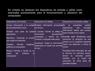 En síntesis se destacan los dispositivos de entrada y salida como
 esenciales prácticamente para el funcionamiento y utilización del
 computador.

Dispositivos de Entrada            Dispositivos de Salida             Dispositivos de entrada- salida:
Envían información a la unidad Reciben información procesada En             la    actualidad      existen
de procesamiento como:            por el cpu.                       dispositivos       que      manejan
                                                                    información desde dos puntos,
Teclado: Una serie de teclas El monitor: Donde se refleja la
                                                                    tanto entrada como salida:
agrupadas.                        información          (previamente
                                  procesada y dentro de un Pantalla táctil: Modificada para
Micrófono: Transmite el sonido
                                  contexto y lenguaje adecuado). reconocer la situación de una
que capta al ordenador.
                                                                    presión en la superficie logrando
                                  Impresora: Capta la información
Escáner:      Permite   imágenes                                    hacer una selección o mover el
                                  (plasmada en papel que procesa
gráficas al computador.                                             cursor.
                                  el cpu)
Mouse: Permite a través de un                                       Pantallas táctil infrarrojas: Se usa
pulsor      dar     ordenes    al                                   a menudo en entornos sucios,
computador.                                                         donde      la    sociedad      podría
                                                                    interferir con el modo de
                                                                    operación de otros tipos de
                                                                    pantallas táctiles
 