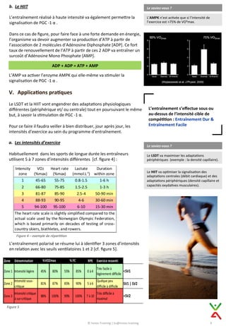 b.  Le	
  HIIT	
  
	
  
L’entraînement	
  réalisé	
  à	
  haute	
  intensité	
  va	
  également	
  permeCre	
  la	
  
signalisa9on	
  de	
  PGC	
  -­‐1	
  α	
  .	
  
	
  
Dans	
  ce	
  cas	
  de	
  ﬁgure,	
  pour	
  faire	
  face	
  à	
  une	
  forte	
  demande	
  en	
  énergie,	
  
l’organisme	
  va	
  devoir	
  augmenter	
  sa	
  produc9on	
  d’ATP	
  à	
  par9r	
  de	
  
l’associa9on	
  de	
  2	
  molécules	
  d’Adénosine	
  Diphosphate	
  [ADP].	
  Ce	
  fort	
  
taux	
  de	
  renouvellement	
  de	
  l’ATP	
  à	
  par9r	
  de	
  ces	
  2	
  ADP	
  va	
  entraîner	
  un	
  
surcoût	
  d’Adénosine	
  Mono	
  Phosphate	
  [AMP].	
  
Le	
  saviez-­‐vous	
  ?	
  
L’AMPK	
  n’est	
  ac9vée	
  que	
  si	
  l’intensité	
  de	
  
l’exercice	
  est	
  >75%	
  de	
  VO²max.	
  
ADP	
  +	
  ADP	
  =	
  ATP	
  +	
  AMP	
  
L’AMP	
  va	
  ac9ver	
  l’enzyme	
  AMPK	
  qui	
  elle-­‐même	
  va	
  s9muler	
  la	
  
signalisa9on	
  de	
  PGC	
  -­‐1	
  α	
  .	
  	
  
	
  
V.  Applica@ons	
  pra@ques	
  
	
  
Le	
  LSDT	
  et	
  la	
  HIIT	
  vont	
  engendrer	
  des	
  adapta9ons	
  physiologiques	
  
diﬀérentes	
  (périphérique	
  et/	
  ou	
  centrale)	
  tout	
  en	
  poursuivant	
  le	
  même	
  
but,	
  à	
  savoir	
  la	
  s9mula9on	
  de	
  PGC	
  -­‐1	
  α.	
  
	
  
Pour	
  ce	
  faire	
  il	
  faudra	
  veiller	
  à	
  bien	
  distribuer,	
  jour	
  après	
  jour,	
  les	
  
intensités	
  d’exercice	
  au	
  sein	
  du	
  programme	
  d’entraînement.	
  
	
  
a.  Les	
  intensités	
  d’exercice	
  	
  
Habituellement	
  	
  dans	
  les	
  sports	
  de	
  longue	
  durée	
  les	
  entraîneurs	
  	
  
u9lisent	
  5	
  à	
  7	
  zones	
  d’intensités	
  diﬀérentes	
  	
  [cf.	
  ﬁgure	
  4]	
  :	
  
L’entraînement	
  s’eﬀectue	
  sous	
  ou	
  
au-­‐dessus	
  de	
  l’intensité	
  cible	
  de	
  
compé@@on	
  :	
  Entraînement	
  Dur	
  &	
  
Entraînement	
  Facile	
  
4	
  
L’entraînement	
  polarisé	
  se	
  résume	
  lui	
  à	
  iden9ﬁer	
  3	
  zones	
  d’intensités	
  
en	
  rela9on	
  avec	
  les	
  seuils	
  ven9latoires	
  1	
  et	
  2	
  [cf.	
  ﬁgure	
  5].	
  
Figure	
  4	
  –	
  exemple	
  de	
  répar11on	
  
Figure	
  5	
  
©	
  Innov-­‐Training	
  |	
  ks@innov.training	
  
Le	
  saviez-­‐vous	
  ?	
  
Le	
  LSDT	
  va	
  maximiser	
  les	
  adapta9ons	
  
périphériques	
  	
  (exemple	
  :	
  la	
  densité	
  capillaire).	
  
Le	
  HIIT	
  va	
  op9miser	
  la	
  signalisa9on	
  des	
  
adapta9ons	
  centrales	
  (débit	
  cardiaque)	
  et	
  des	
  
adapta9ons	
  périphériques	
  (densité	
  capillaire	
  et	
  	
  
capacités	
  oxyda9ves	
  musculaires).	
  
 