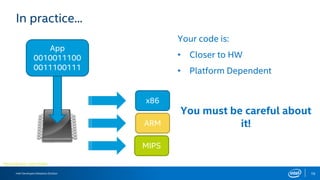 Intel Developers Relations Division 16
In practice...
Microchip Icon – Icon Finder.
App
0010011100
0011100111
x86
ARM
MIPS
Your code is:
• Closer to HW
• Platform Dependent
You must be careful about
it!
 