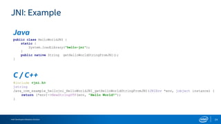 Intel Developers Relations Division 24
JNI: Example
Java
C / C++
public class HelloWorldJNI {
static {
System.loadLibrary("hello-jni");
}
public native String getHelloWorldStringFromJNI();
}
#include <jni.h>
jstring
Java_com_example_hellojni_HelloWorldJNI_getHelloWorldStringFromJNI(JNIEnv *env, jobject instance) {
return (*env)->NewStringUTF(env, "Hello World!");
}
 