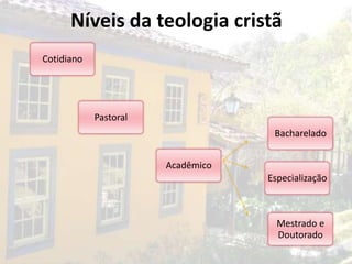 Níveis da teologia cristã
Cotidiano




            Pastoral
                                    Bacharelado


                       Acadêmico
                                   Especialização



                                     Mestrado e
                                     Doutorado
 