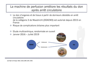 La machine de perfusion améliore les résultats du don
après arrêt circulatoire
! Le don d’organes et de tissus à partir de donneurs décédés en arrêt
circulatoire
de la catégorie 3 de Maastricht (DDACM3) est autorisé depuis 2015 en
France
! Risque de complications biliaires plus important
! Etude multicentrique, randomisée en ouvert
! Janvier 2016 – Juillet 2019
DDAC
Prélèvement
Randomisation
TH
Machine
Standard
van Rijn R, N Engl J Med. 2021;384:1391-1401
 