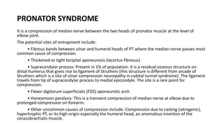 PRONATOR SYNDROME
It is a compression of median nerve between the two heads of pronator muscle at the level of
elbow joint.
The potential sites of entrapment include:
• Fibrous bands between ulnar and humeral heads of PT where the median nerve passes most
common cause of compression.
• Thickened or tight bicipital aponeurosis (lacertus fibrosus)
• Supracondylar process: Present in 1% of population. It is a residual osseous structure on
distal humerus that gives rise to ligament of Struthers (this structure is different from arcade of
Struthers which is a site of ulnar compression neuropathy in cubital tunnel syndrome). The ligament
travels from tip of supracondylar process to medial epicondyle. The site is a rare point for
compression.
• Flexor digitorum superficialis (FDS) aponeurotic arch
• Honeymoon paralysis: This is a transient compression of median nerve at elbow due to
prolonged compression on forearm.
• Other uncommon causes of compression include: Compression due to casting (iatrogenic),
hypertrophic PT, or its high origin especially the humeral head, an anomalous insertion of the
coracobrachialis muscle.
 