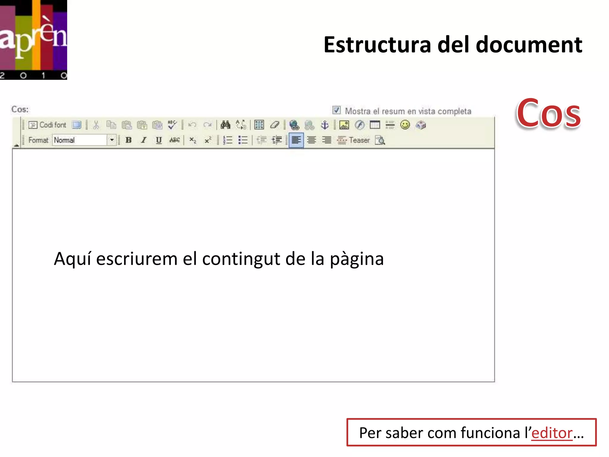 Estructura del document




Aquí escriurem el contingut de la pàgina




                                    Per saber com funciona l’editor…
 