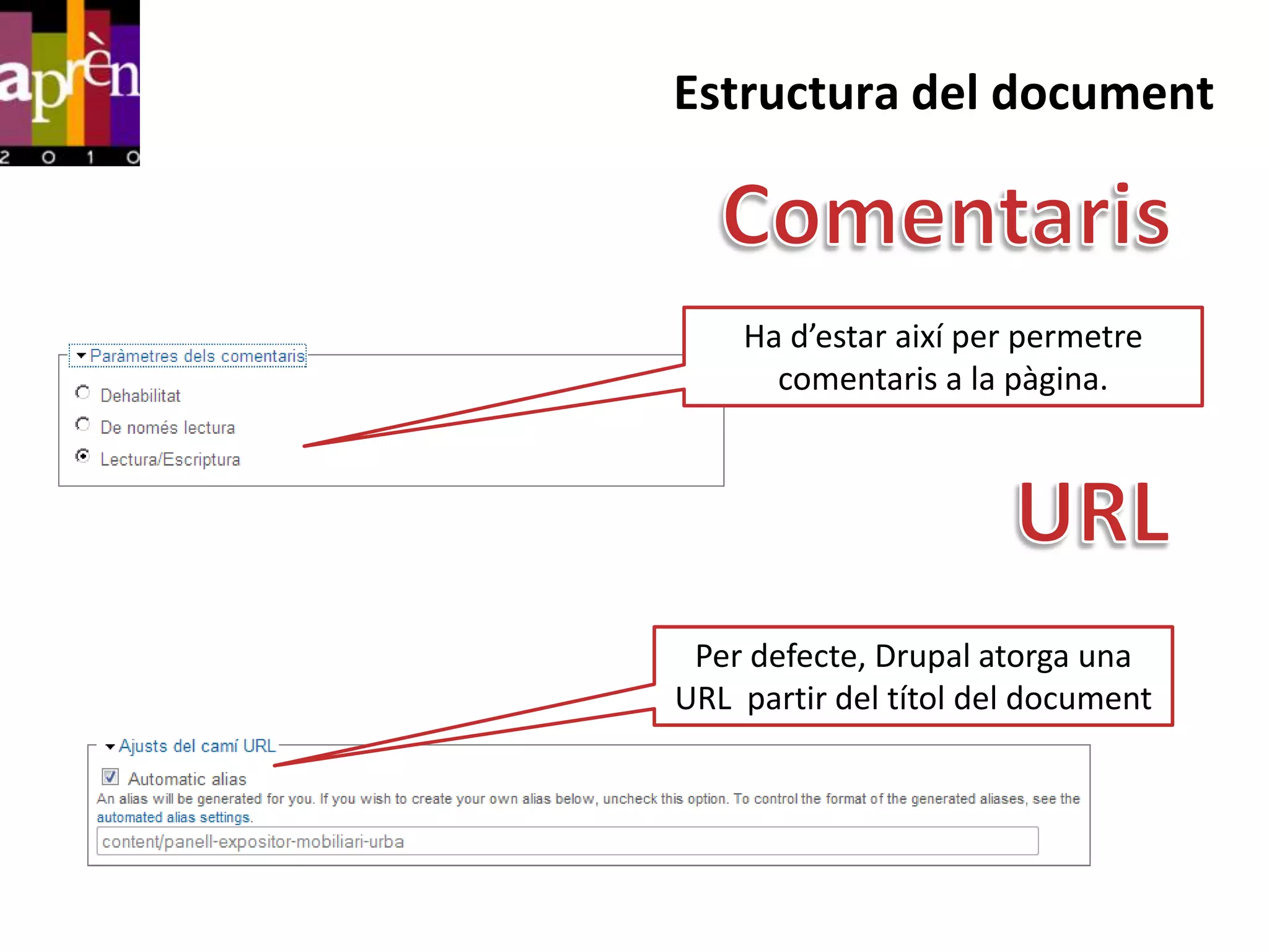 Estructura del document



    Ha d’estar així per permetre
      comentaris a la pàgina.




 Per defecte, Drupal atorga una
URL partir del títol del document
 