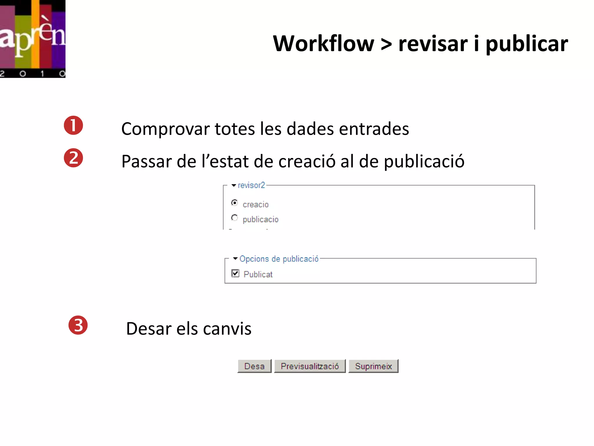 Workflow > revisar i publicar


   Comprovar totes les dades entrades
   Passar de l’estat de creació al de publicació




   Desar els canvis
 