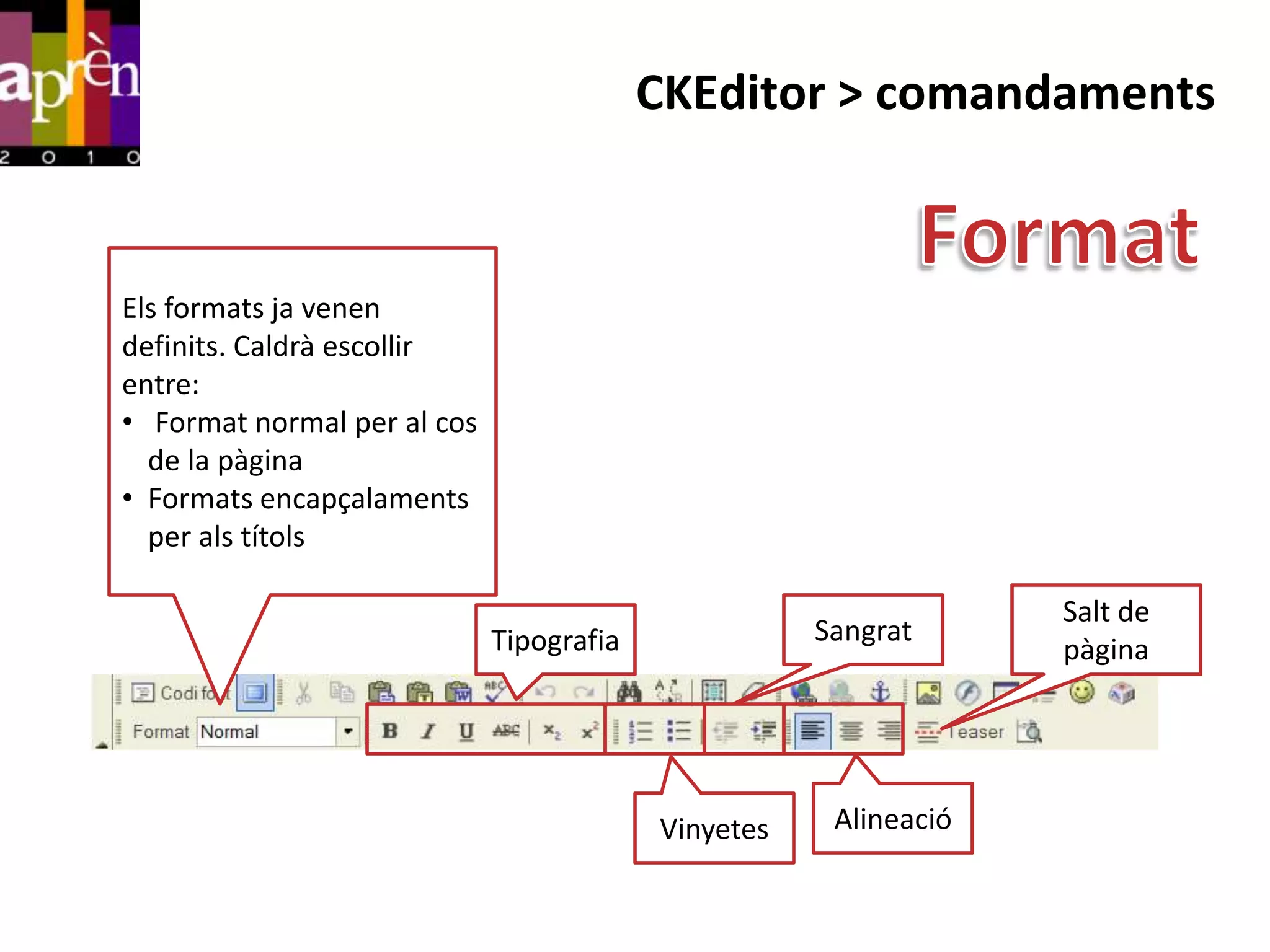 CKEditor > comandaments


Els formats ja venen
definits. Caldrà escollir
entre:
• Format normal per al cos
  de la pàgina
• Formats encapçalaments
  per als títols

                                                                  Salt de
                             Tipografia              Sangrat
                                                                  pàgina




                                          Vinyetes    Alineació
 