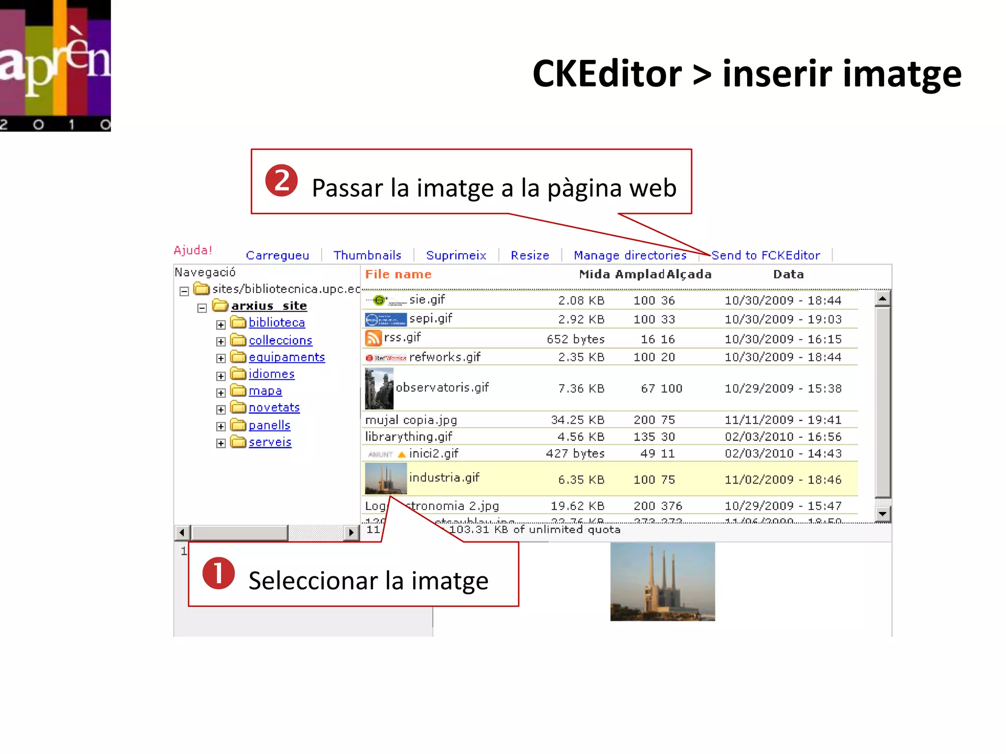CKEditor > inserir imatge

     Passar la imatge a la pàgina web




 Seleccionar la imatge
 