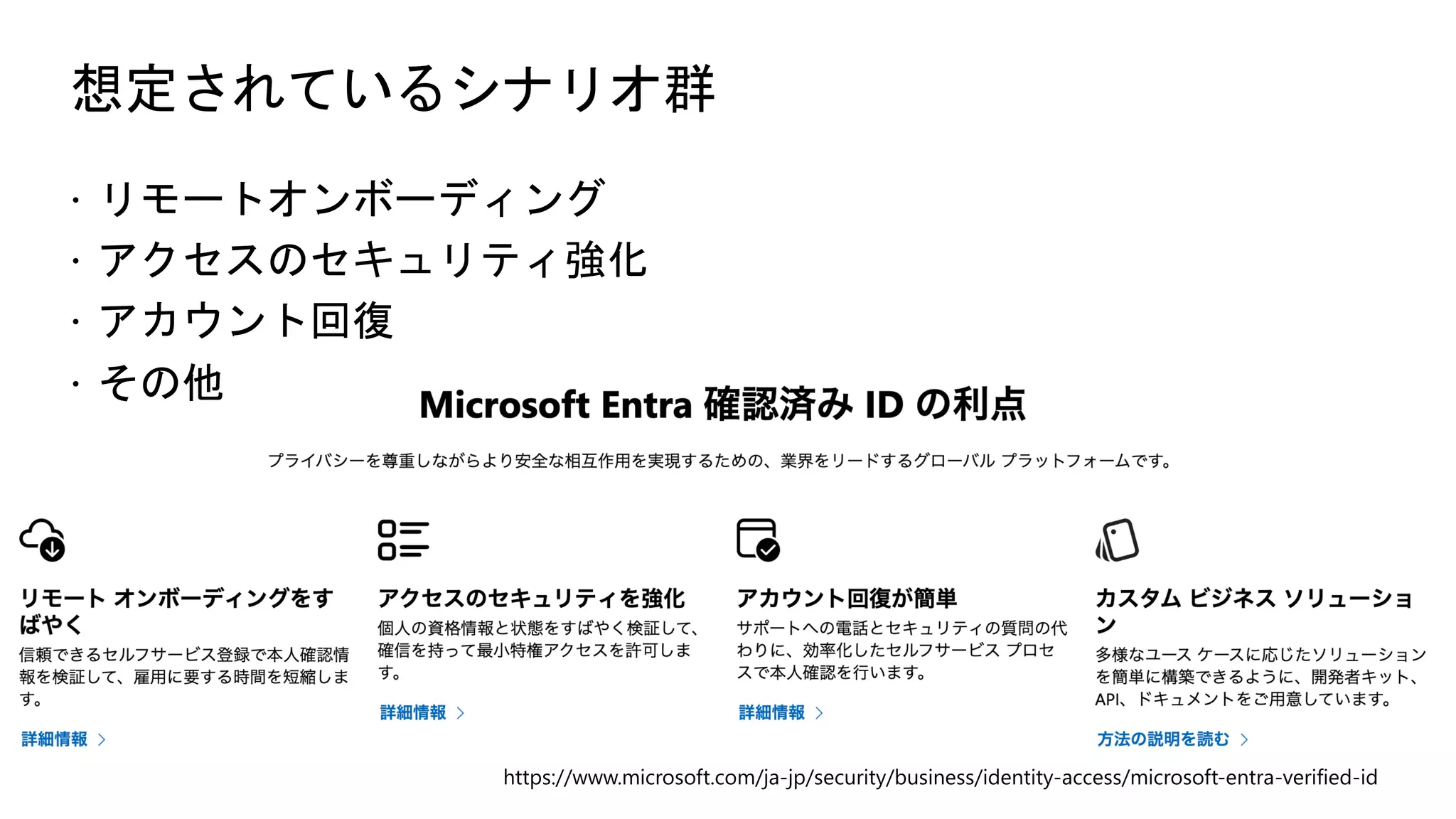 想定されているシナリオ群
ž リモートオンボーディング
ž アクセスのセキュリティ強化
ž アカウント回復
ž その他
https://www.microsoft.com/ja-jp/security/business/identity-access/microsoft-entra-verified-id
 