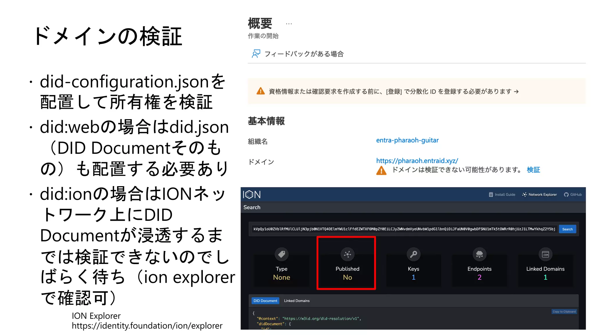ドメインの検証
ž did-configuration.jsonを
配置して所有権を検証
ž did:webの場合はdid.json
（DID Documentそのも
の）も配置する必要あり
ž did:ionの場合はIONネッ
トワーク上にDID
Documentが浸透するま
では検証できないのでし
ばらく待ち（ion explorer
で確認可）
ION Explorer
https://identity.foundation/ion/explorer
 