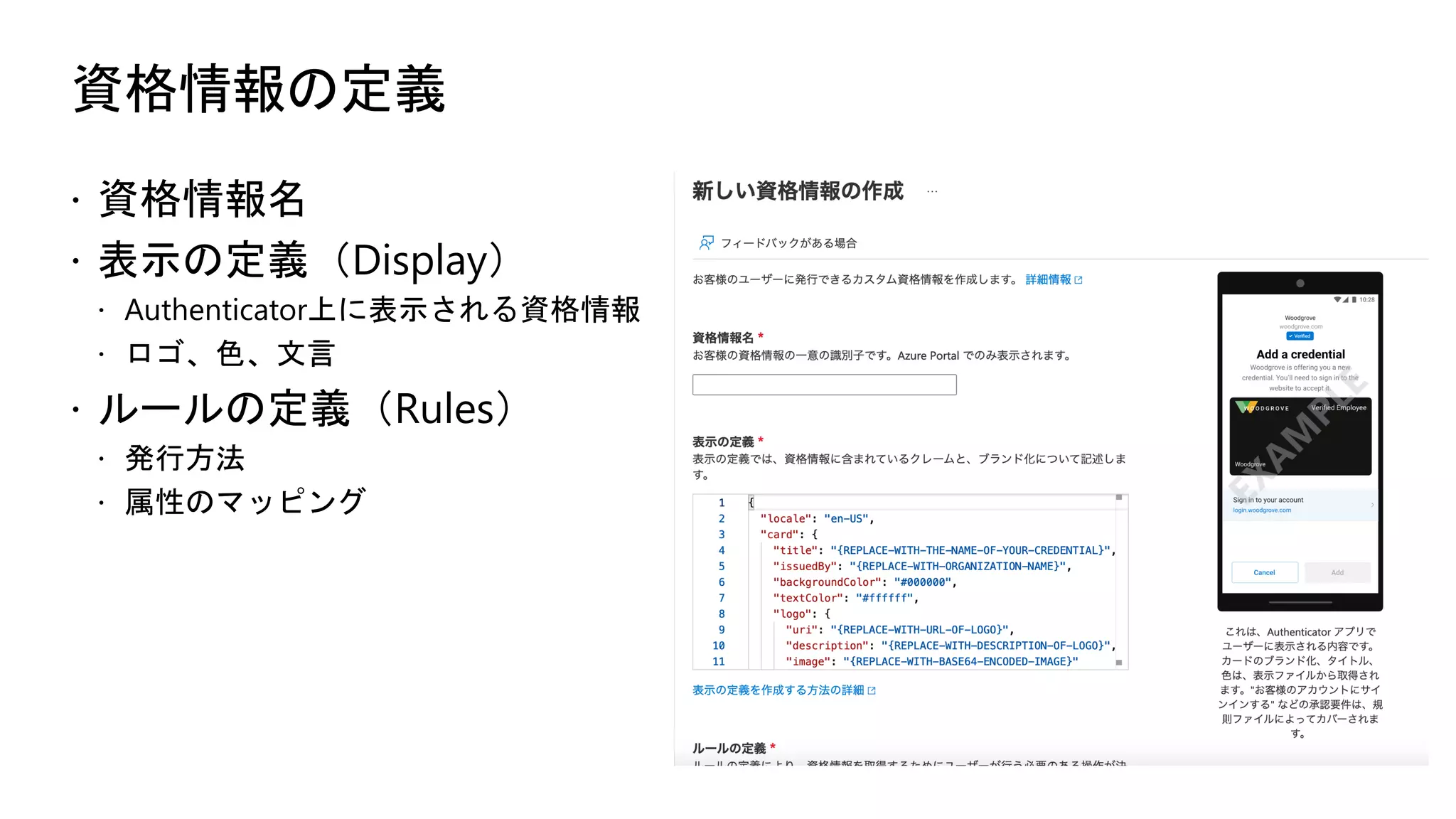 資格情報の定義
ž 資格情報名
ž 表示の定義（Display）
ž Authenticator上に表示される資格情報
ž ロゴ、色、文言
ž ルールの定義（Rules）
ž 発行方法
ž 属性のマッピング
 