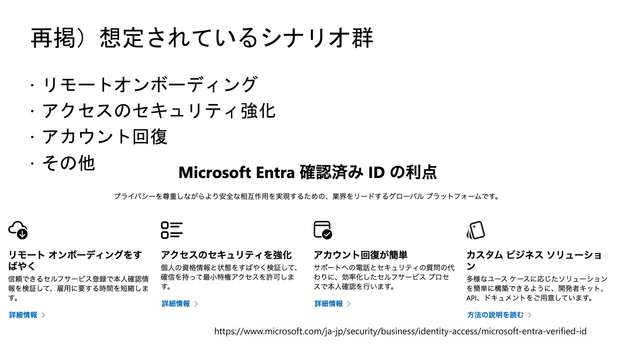 再掲）想定されているシナリオ群
ž リモートオンボーディング
ž アクセスのセキュリティ強化
ž アカウント回復
ž その他
https://www.microsoft.com/ja-jp/security/business/identity-access/microsoft-entra-verified-id
 