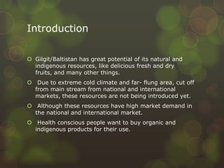 Introduction
 Gilgit/Baltistan has great potential of its natural and
indigenous resources, like delicious fresh and dry
fruits, and many other things.
 Due to extreme cold climate and far- flung area, cut off
from main stream from national and international
markets, these resources are not being introduced yet.
 Although these resources have high market demand in
the national and international market.
 Health conscious people want to buy organic and
indigenous products for their use.
 