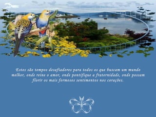 Estes são tempos desafiadores para todos os que buscam um mundo
melhor, onde reine o amor, onde pontifique a fraternidade, onde possam
           florir os mais formosos sentimentos nos corações.
 