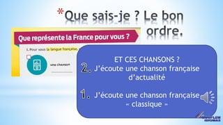 10
*
ET CES CHANSONS ?
J’écoute une chanson française
d’actualité
J’écoute une chanson française
« classique »
 