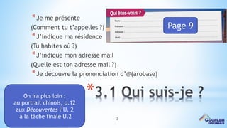 2
*
*Je me présente
(Comment tu t’appelles ?)
*J’indique ma résidence
(Tu habites où ?)
*J’indique mon adresse mail
(Quelle est ton adresse mail ?)
*Je découvre la prononciation d’@(arobase)
On ira plus loin :
au portrait chinois, p.12
aux Découvertes l’U. 2
à la tâche finale U.2
Page 9
 
