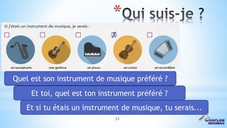 23
*
Quel est son instrument de musique préféré ?
Et toi, quel est ton instrument préféré ?
Et si tu étais un instrument de musique, tu serais...
 