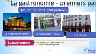 26
*
La haute gastronomie ?
Les bistros ?La restauration rapide ?
Quel est ton restaurant préféré ?
 