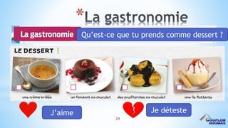 29
*
Qu’est-ce que tu prends comme dessert ?
J’aime Je déteste
 