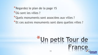 32
*
*Regardez le plan de la page 15
*Où sont les villes ?
*Quels monuments sont associées aux villes ?
*Et ces autres monuments sont dans quelles villes ?
 