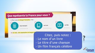 9
*
Citez, puis notez :
- Le nom d’un livre
- Le titre d’une chanson
- Un film français célèbre
 