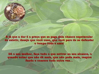 E já que a dor é o preço que se paga pela chance espetacular de existir, desejo que você ouse, que você pare de se defender o tempo todo e ame! Dê o seu melhor, faça tudo o que estiver ao seu alcance, e quando achar que não dá mais, que não pode mais, respire fundo e comece tudo outra vez...  