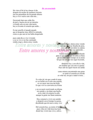 De un resucitado
He visto al fin la luz clarear el día
después de noches de quehacer incierto
tras las penumbras de un pasado abierto
hoy a vivir vuelve esta vida mía…

Encerrado bajo una celda fría
de piel y huesos de mi ser desierto
viviendo solo en esta vida tuerto
hoy se levanta el corazón que ardía…

Es tan sencillo el pasado pasado
que al despertar muy difícil lo entiendo,
como es que aun no me había despertado

pues cada día se vive viviendo
y no se vive si no has caminado
estaba ciego y ahora estoy viendo.
                                                                    Estaba ciego y ahora estoy viendo
                                                                     eso que ayer me llenaba de pena,
                                                                      hoy esta allí sin dolor ni cadena
                                                                y lo siento, mas aun voy sonriendo…

                                                                   Sonreír de lo que estaba perdiendo
                                                              pero es que siento que mi alma se llena
                                                                sin un reloj con el tiempo en su arena
                                                               tal que ese sol que nos sigue luciendo,

                                                                      dándonos luz y con ella la vida,
                                                                  sin meditar que con esto se quema.
                                                                 Pues salir de aquel rincón sin salida

                                                                como minero encontrando una gema
                                                                       es sentir el corazón en crecida
                                                                es volar tal, sin que a nada le tema…

                               Es volar tal, sin que a nada le tema,
                               es ver brillar en el cielo una estrella,
                                  es ver nacer una rosa tan bella.
                               Es que vivir se convierta en el lema

                              y no en morir resolviendo un dilema
                                sin sentido y sin dejar una huella
                                  en la vida si la muerte la sella
                               aunque la gente me llame anatema.

                                 Hoy comencé a vivir con sentido
                                y desperté con el tiempo la aurora,
                               decidiendo que de nuevo estoy vivo

                               Del corazón hoy, ya siento el latido
                                pues vibra mi vida hora tras hora
                               desde hoy viviré mas vivo y altivo.
 